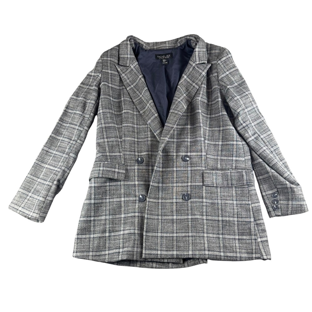 Rachel Zoe Womens Grey Plaid Double Breasted Blazer Jacket Size XL Peak Lapel